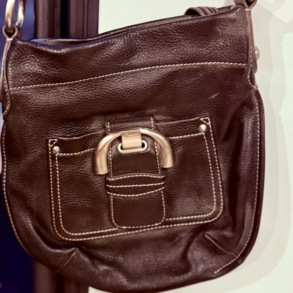 B. Makowsky Black Leather Shoulder Bag with Silver Accents